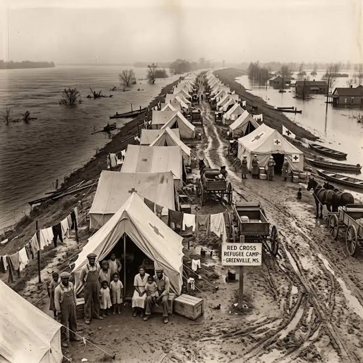 Displaced people on the Greenville levee, spring 1927.